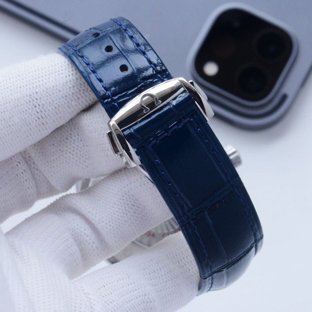Omega Silver Blue Dial Leather Strap Watch — detail