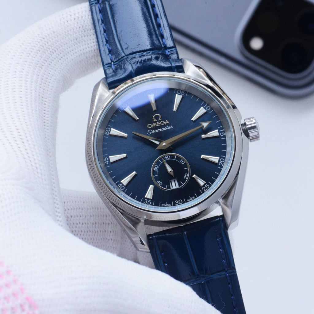Omega Silver Blue Dial Leather Strap Watch — front