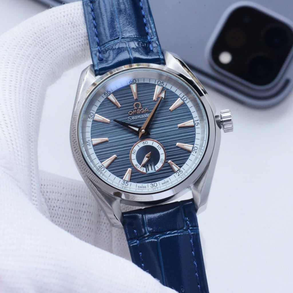 Omega Silver Blue Dial Leather Strap Watch — hero