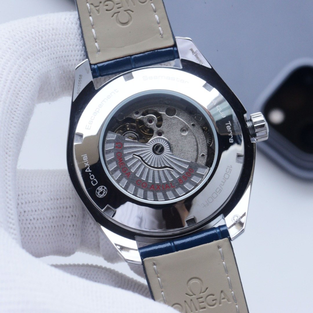 Omega Silver Blue Dial Leather Strap Watch — back