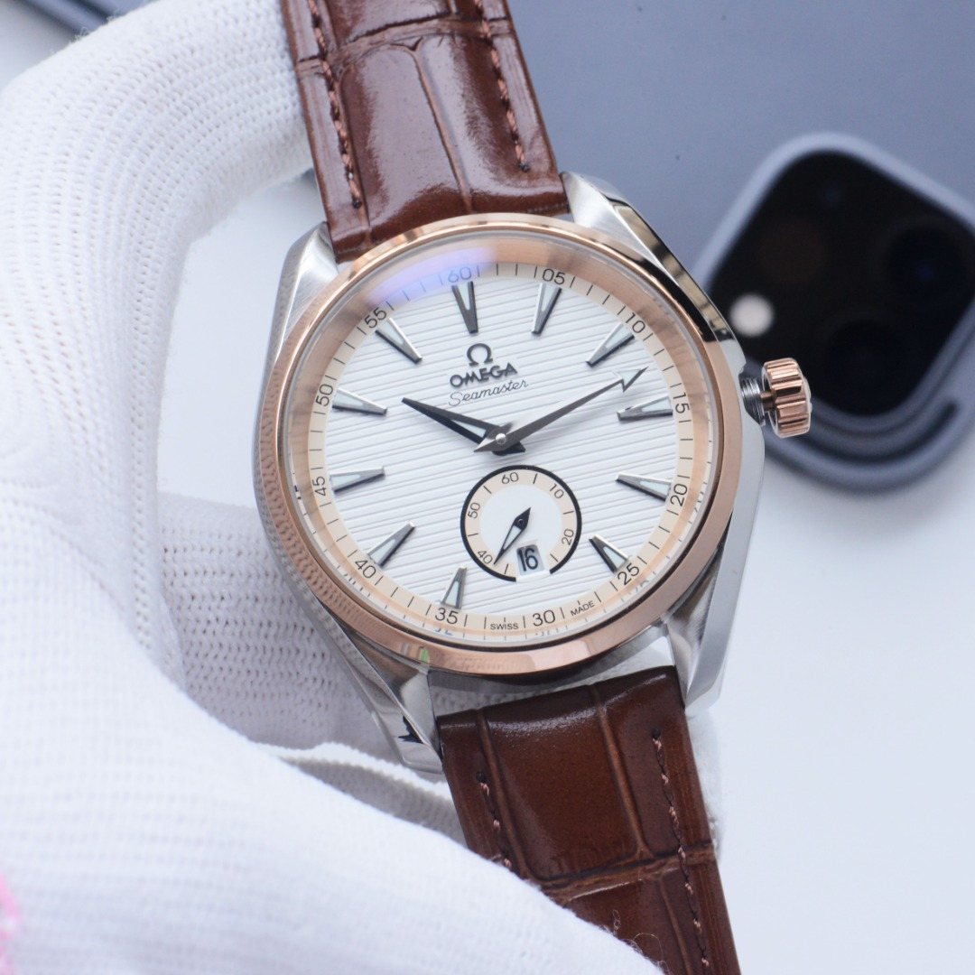 Omega Silver Brown White Dial Leather Strap Watch — hero
