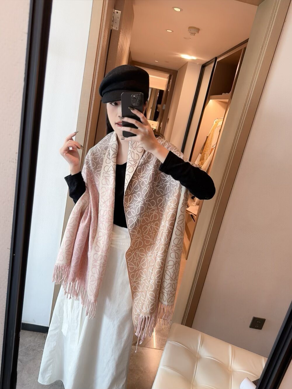 Loewe Fringed Interlocking Motif Scarf — model