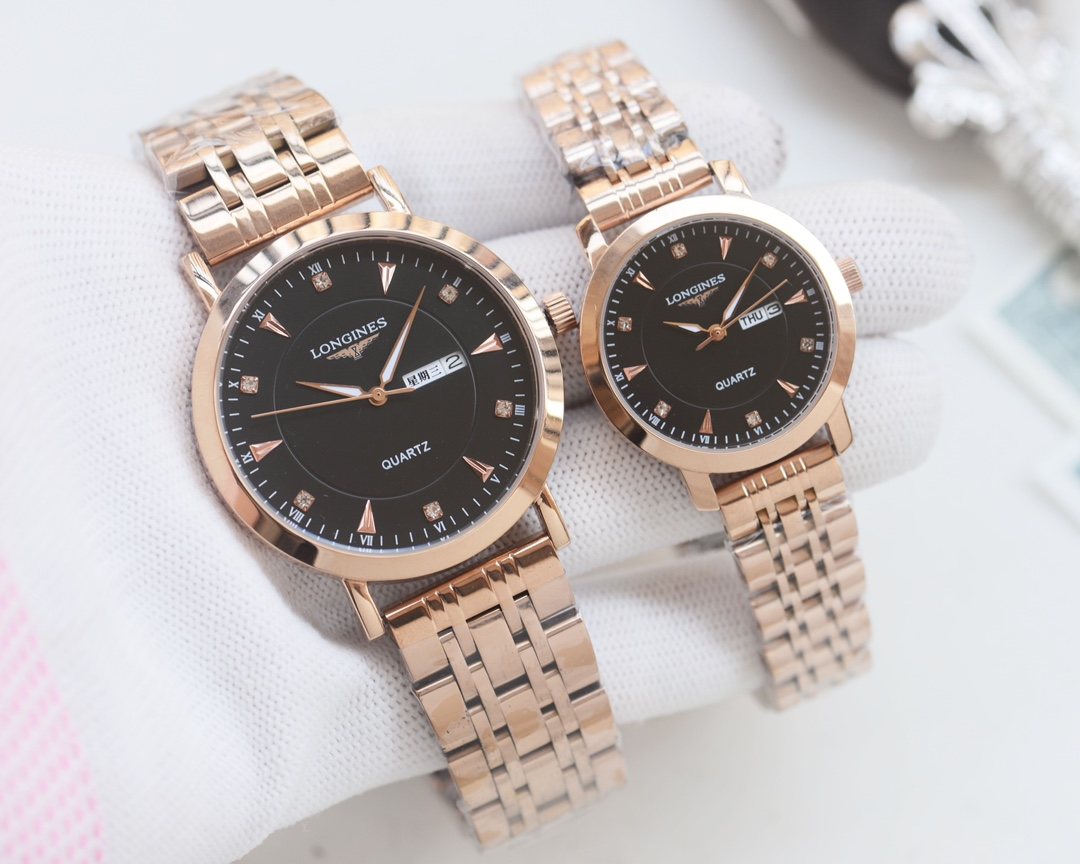 Longines Rose Gold Black Dial Couple Watch Set — hero