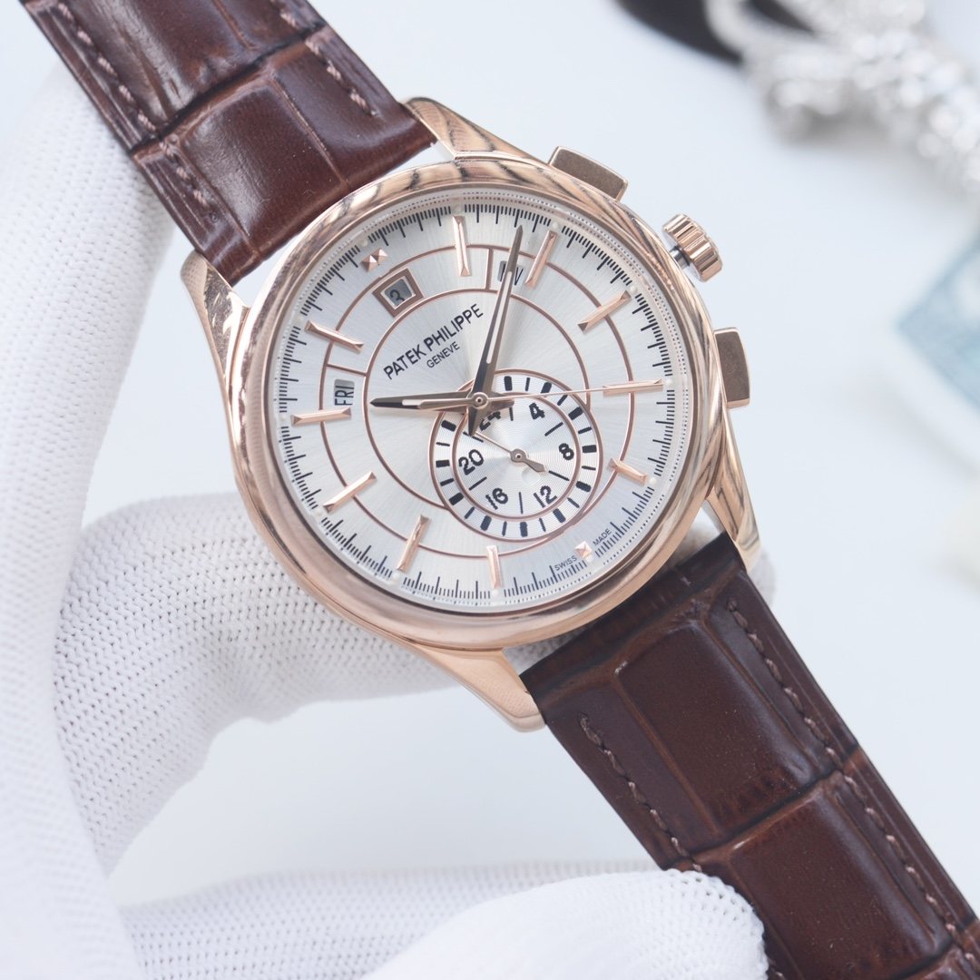 Patek Philippe Brown Rose Gold White Dial Strap Watch — hero