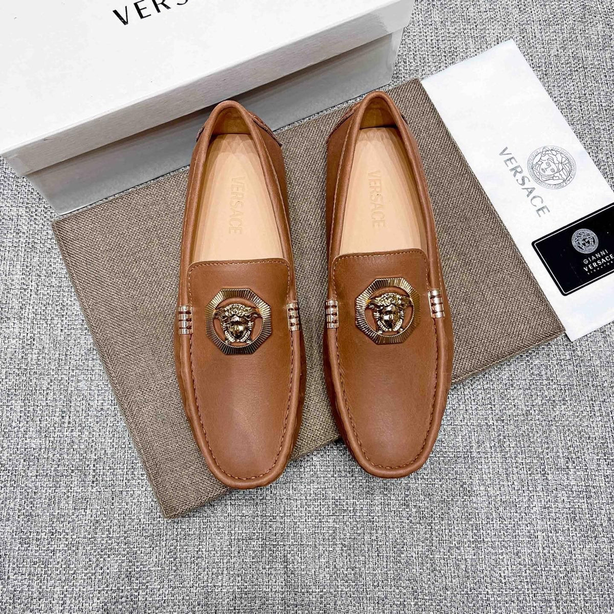 Versace Tan Brown Leather Driving Loafers — hero