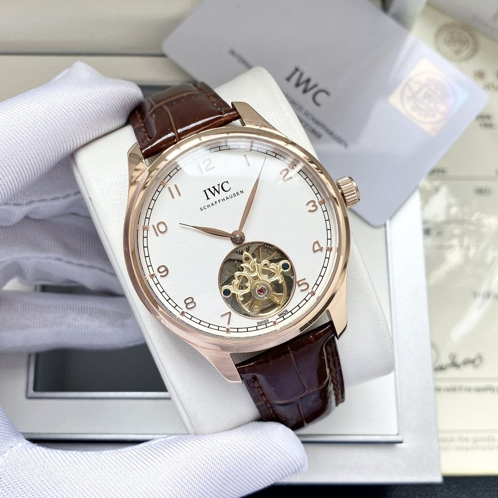 IWC Rose Gold Brown White Dial Strap Watch — front