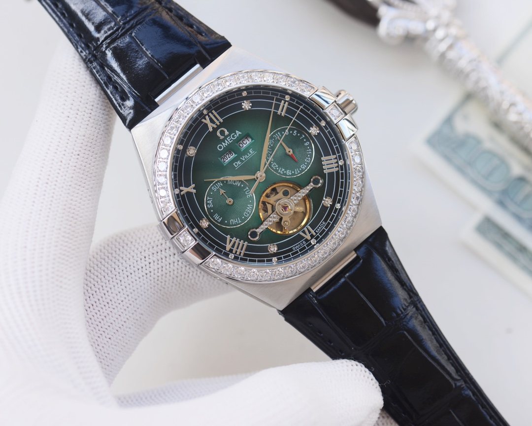 OMEGA Silver Black Green Dial Strap Watch — hero