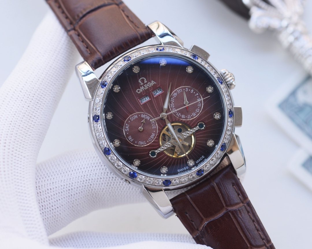 Omega Silver Blue Brown Dial Strap Watch — hero