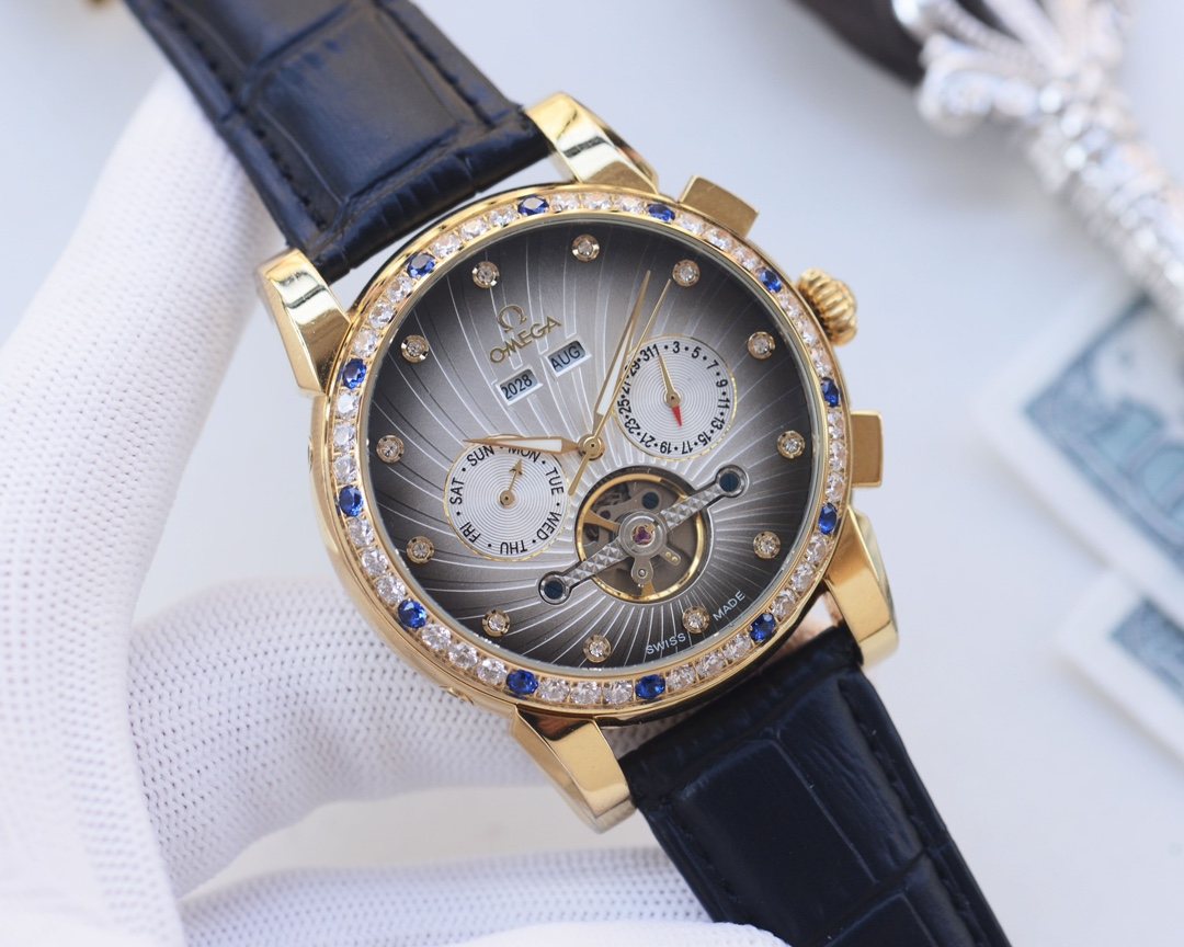 Omega Gold Black Blue Dial Strap Watch — hero