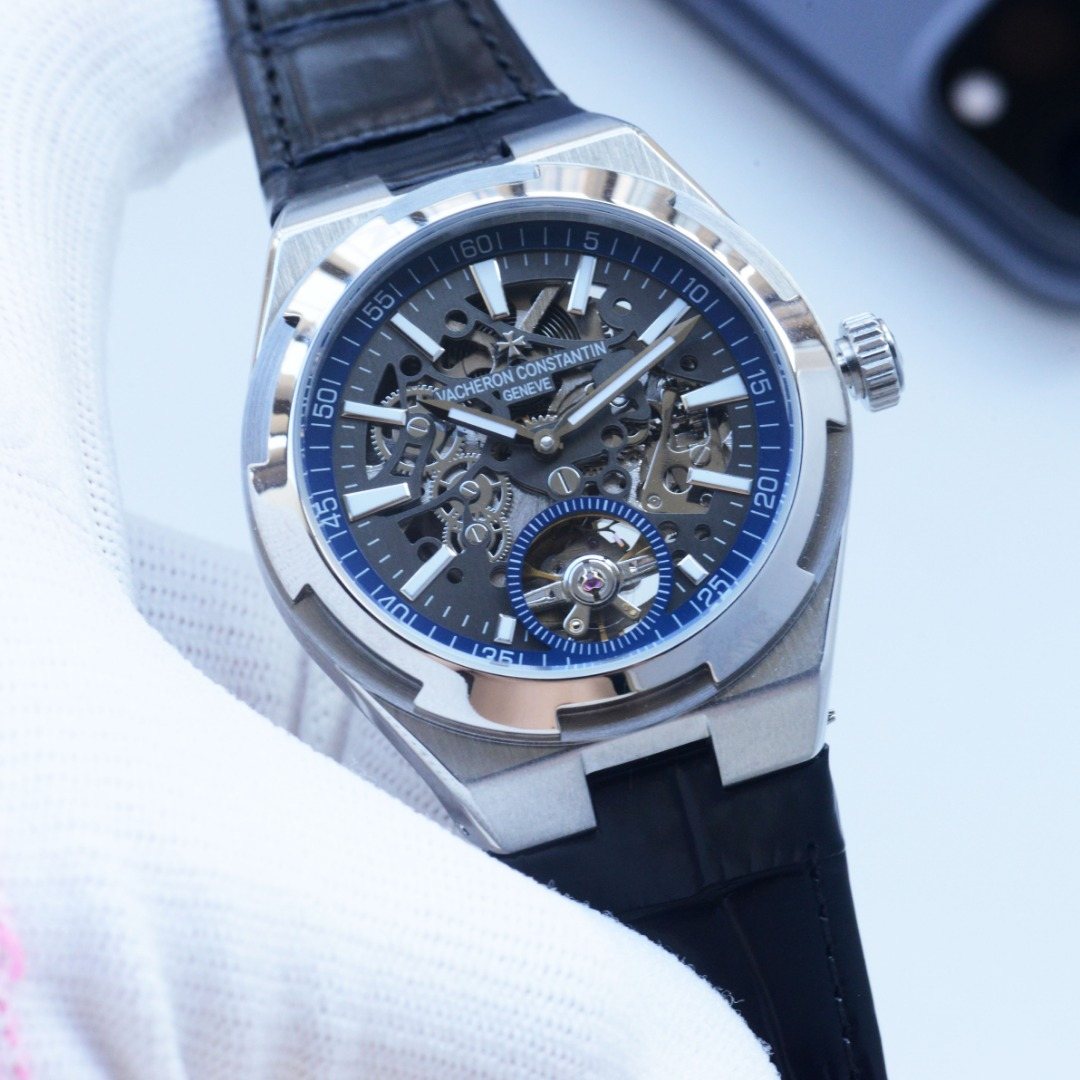 Vacheron Constantin Silver Black Blue Dial Strap Watch — front