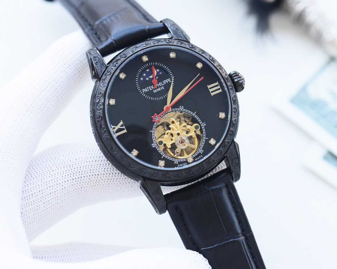 Patek Philippe Black Dial Leather Strap Watch — hero