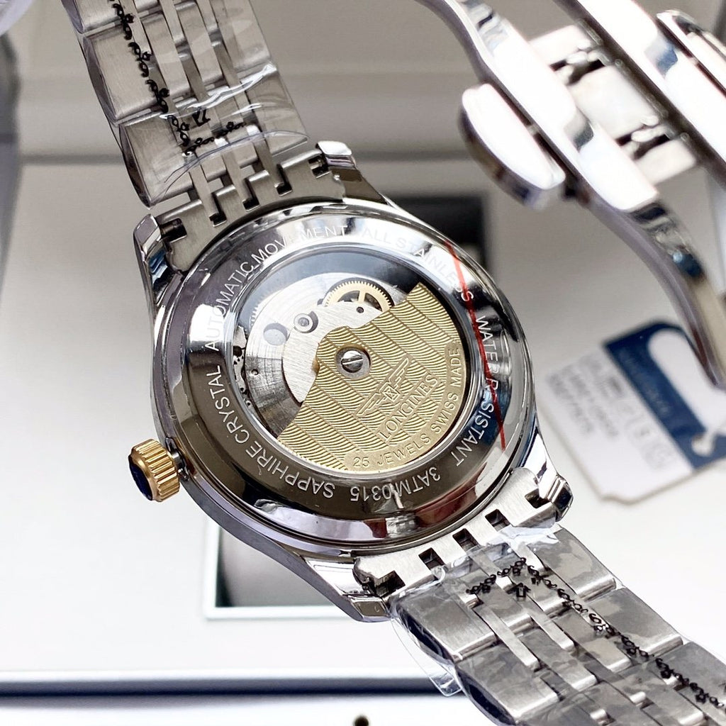 Longines Two Tone Silver Black Dial Bracelet Watch — back