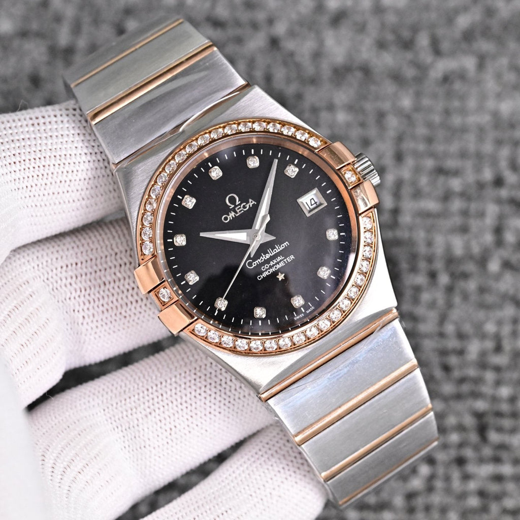 Omega Two Tone Silver Black Dial Bracelet Watch — front