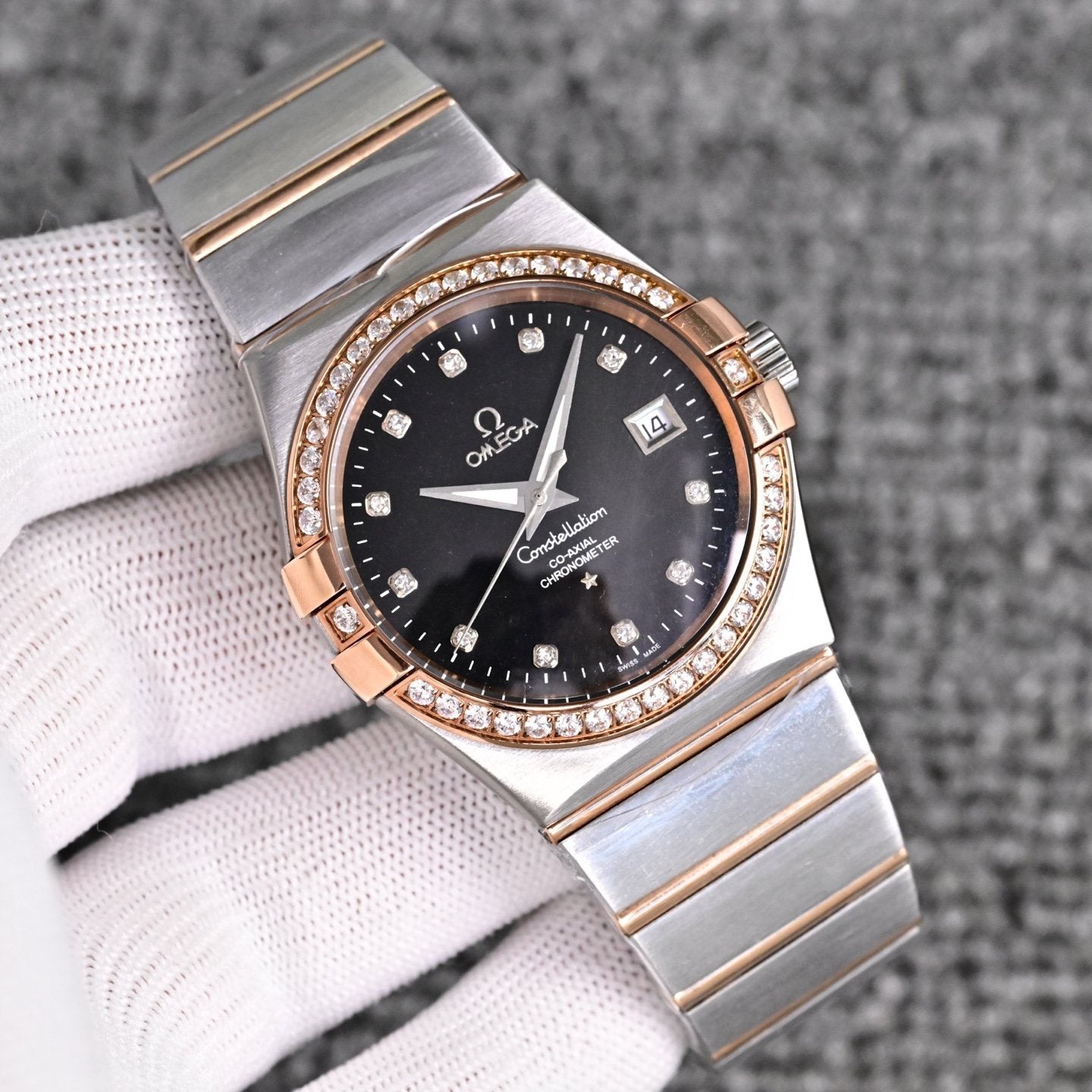 Omega Two Tone Silver Black Dial Bracelet Watch — front