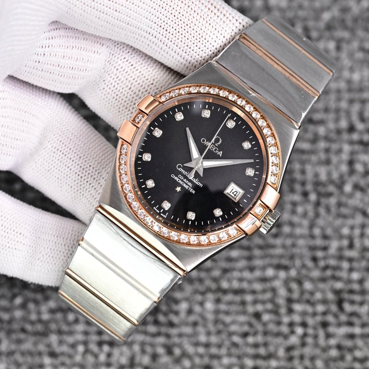 Omega Two Tone Silver Black Dial Bracelet Watch — front