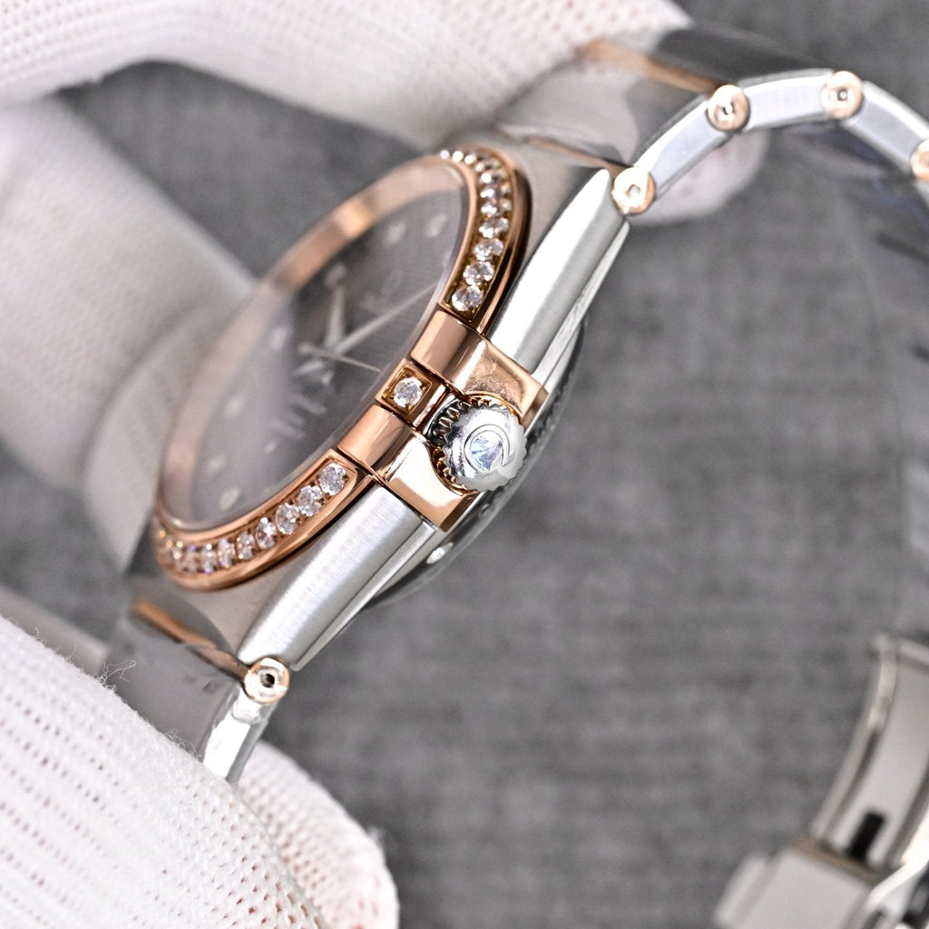 Omega Two Tone Silver Black Dial Bracelet Watch — side