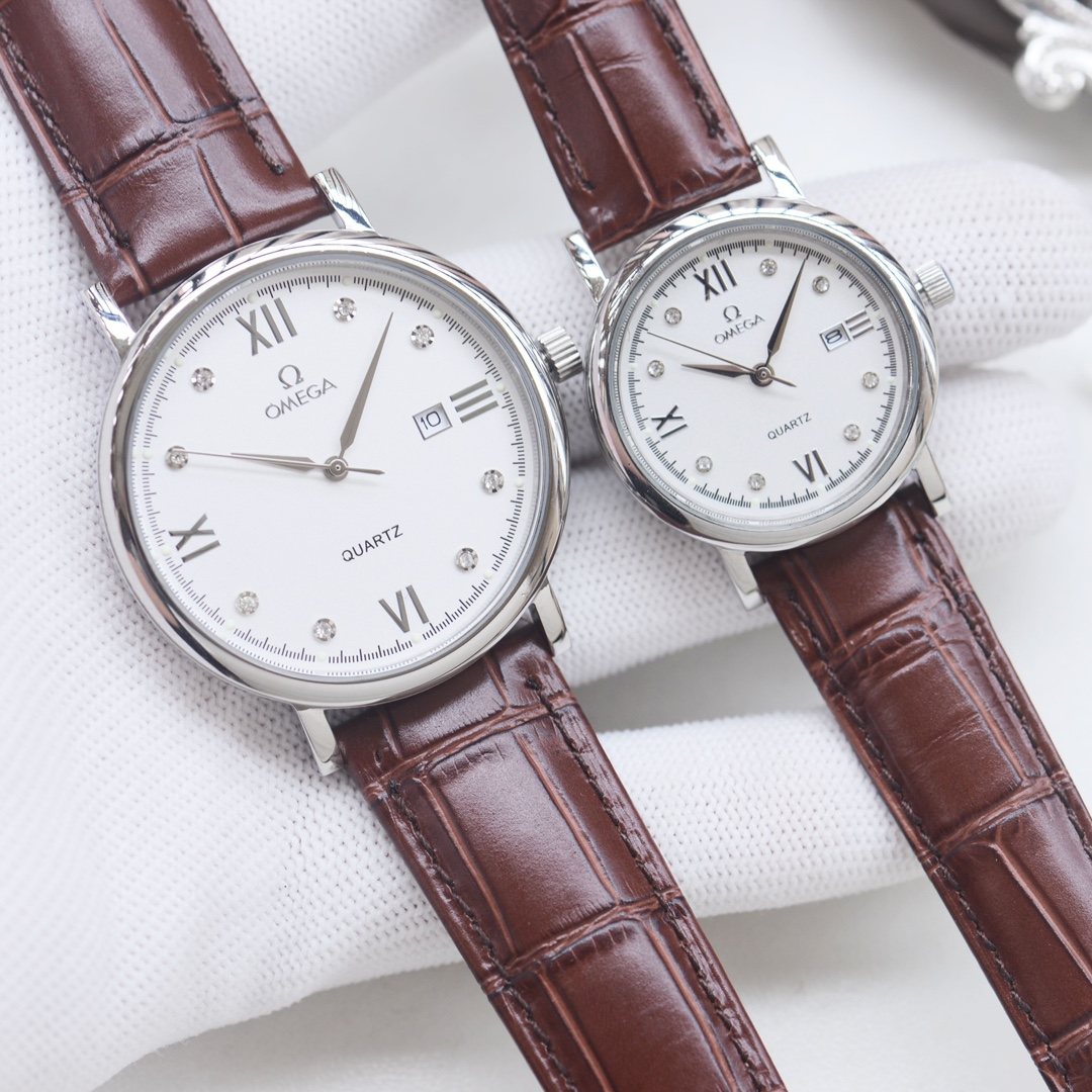 Omega Brown Silver White Dial Leather Strap Watch — hero