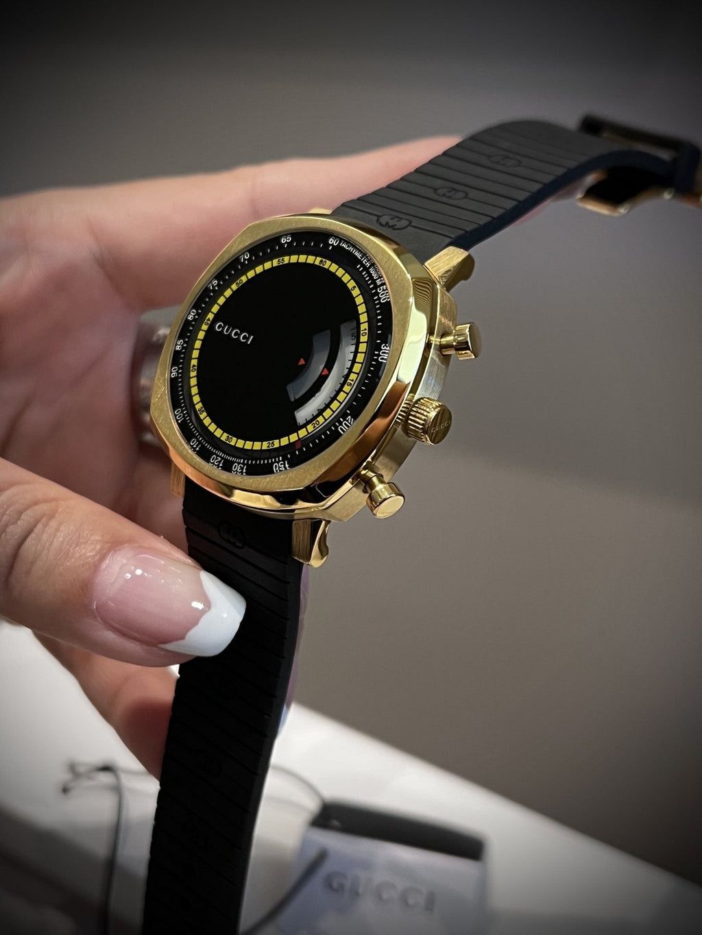 Gucci Gold Black Dial Strap Watch — front