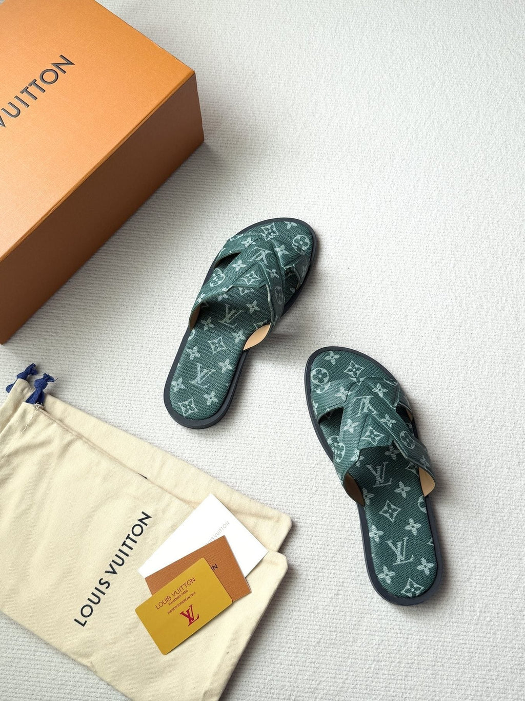 Louis Vuitton Dark Teal Monogram Slide Sandals — side
