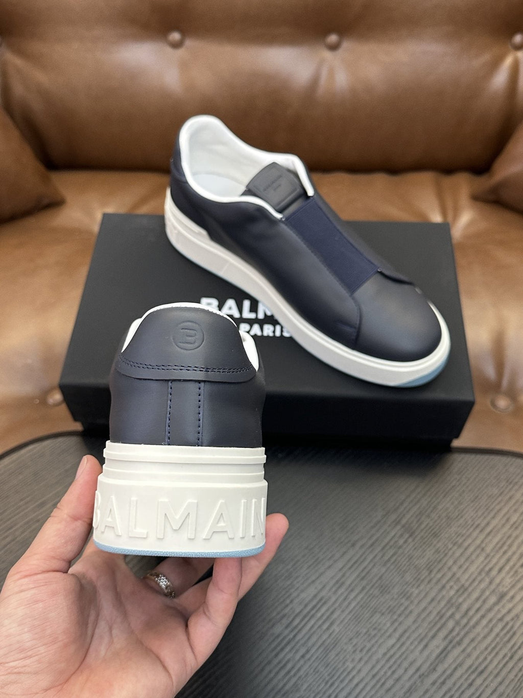 Balmain Navy Elastic Band Slip-On Sneakers — back