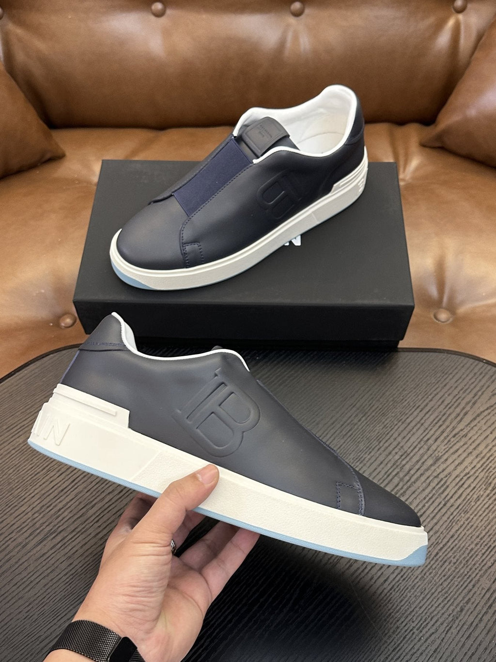 Balmain Navy Elastic Band Slip-On Sneakers — side
