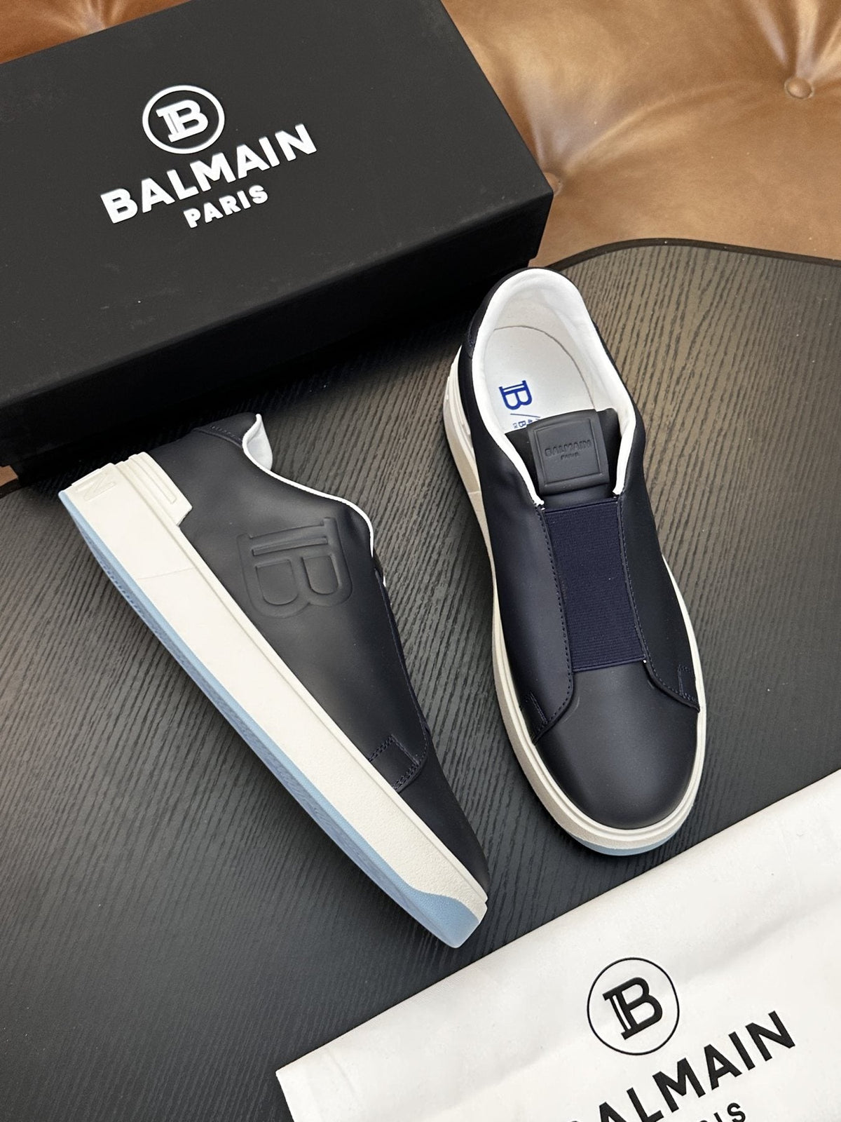 Balmain Navy Elastic Band Slip-On Sneakers — side