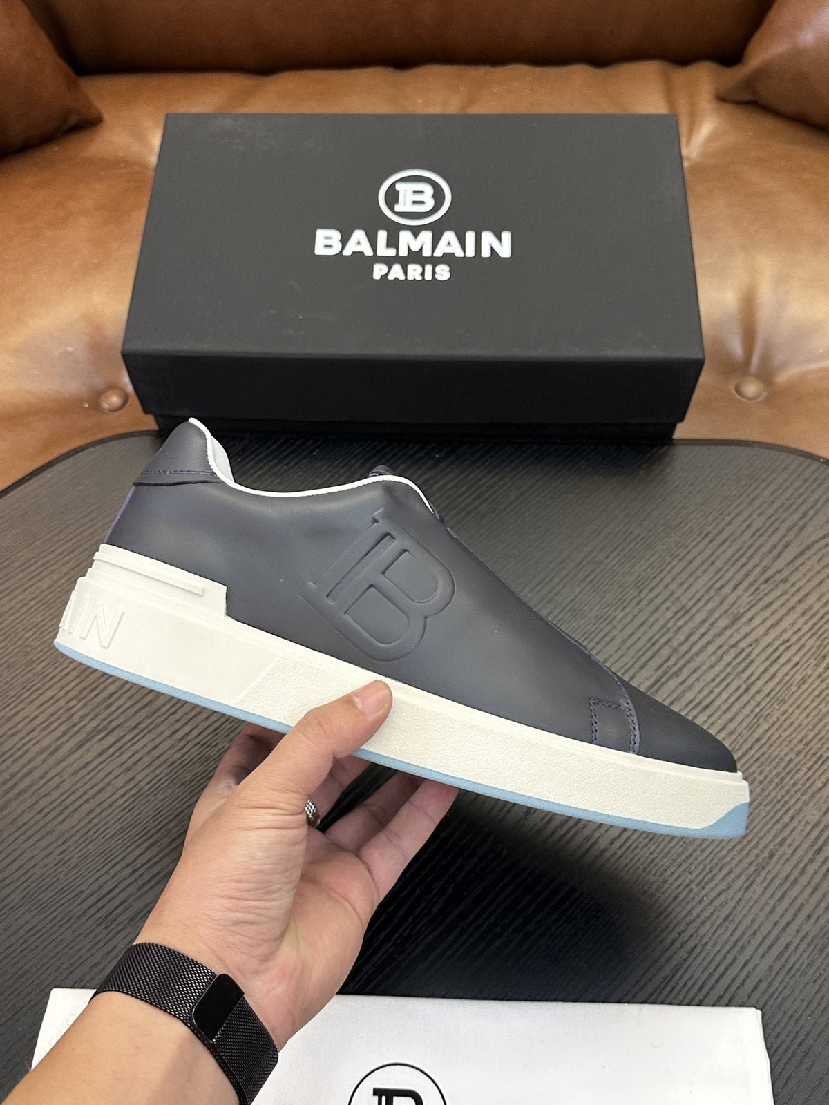 Balmain Navy Elastic Band Slip-On Sneakers — side