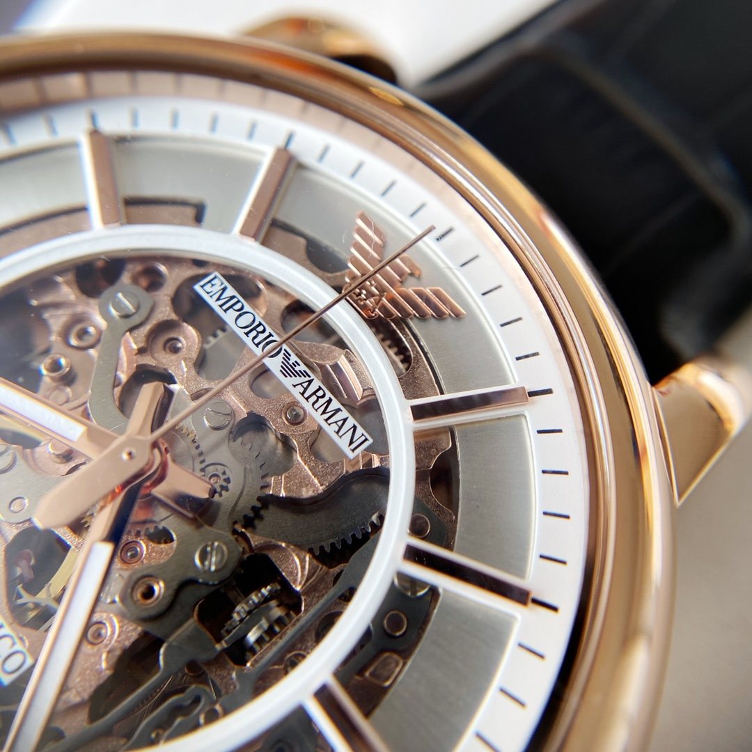 EMPORIO ARMANI Rose-Gold Skeleton Dial Watch — detail