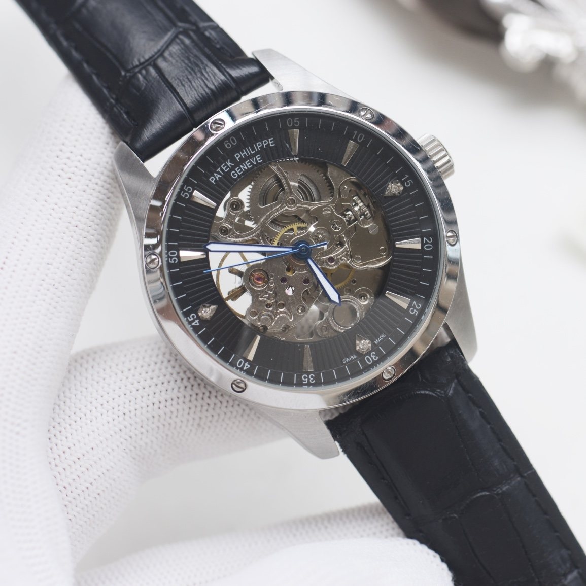PATEK PHILIPPE Silver Black Dial Leather Strap Watch — hero