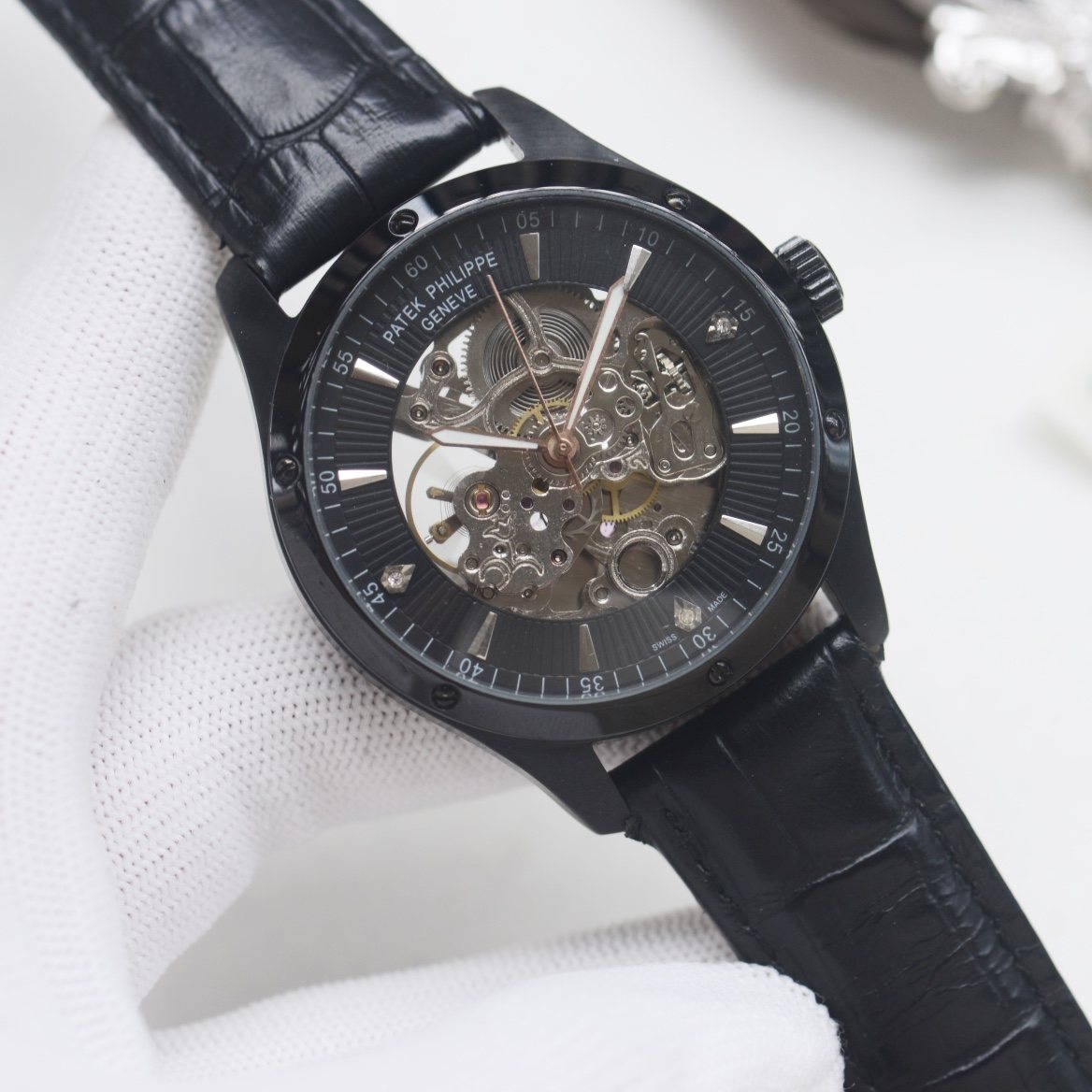 PATEK PHILIPPE Black Dial Leather Strap Watch — hero