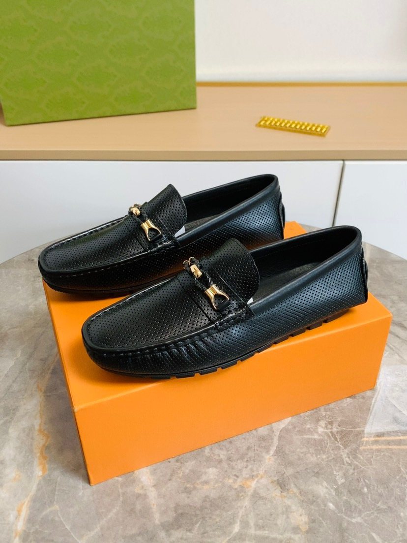 Black Textured Loafers with Gold-Tone Hardware — front