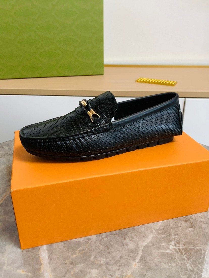 Black Textured Loafers with Gold-Tone Hardware — side
