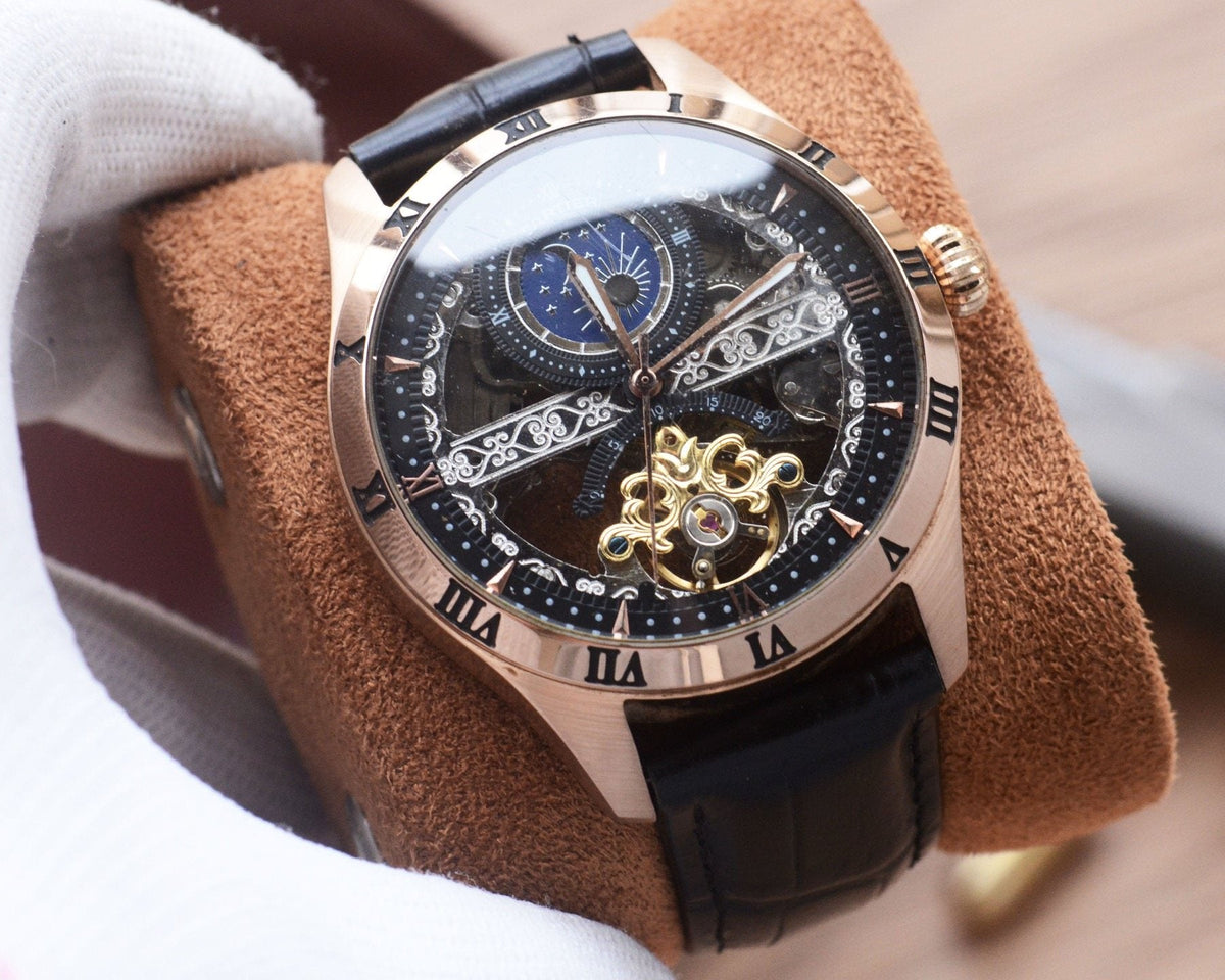 Cartier Rose Gold Black Dial Leather Strap Watch — hero