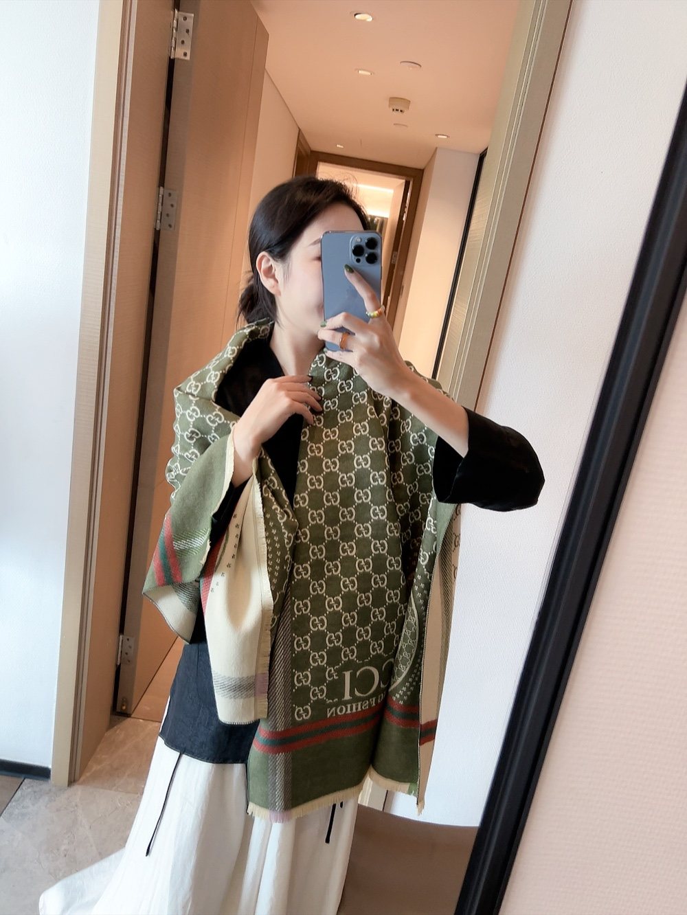 Gucci Reversible GG Pattern Wool Scarf — model