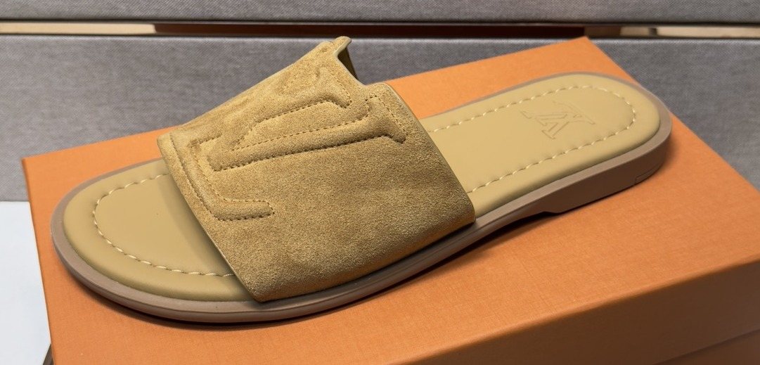 Louis Vuitton Tan Monogram Slide Sandals — front