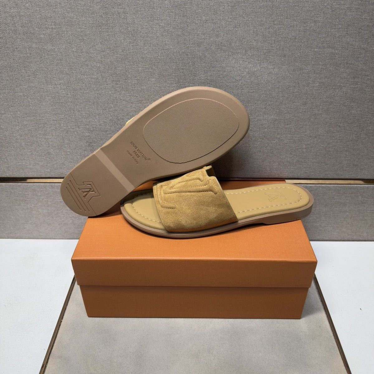 Louis Vuitton Tan Monogram Slide Sandals — side
