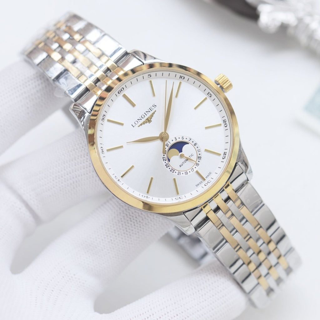 Longines Silver Gold White Dial Bracelet Watch — front