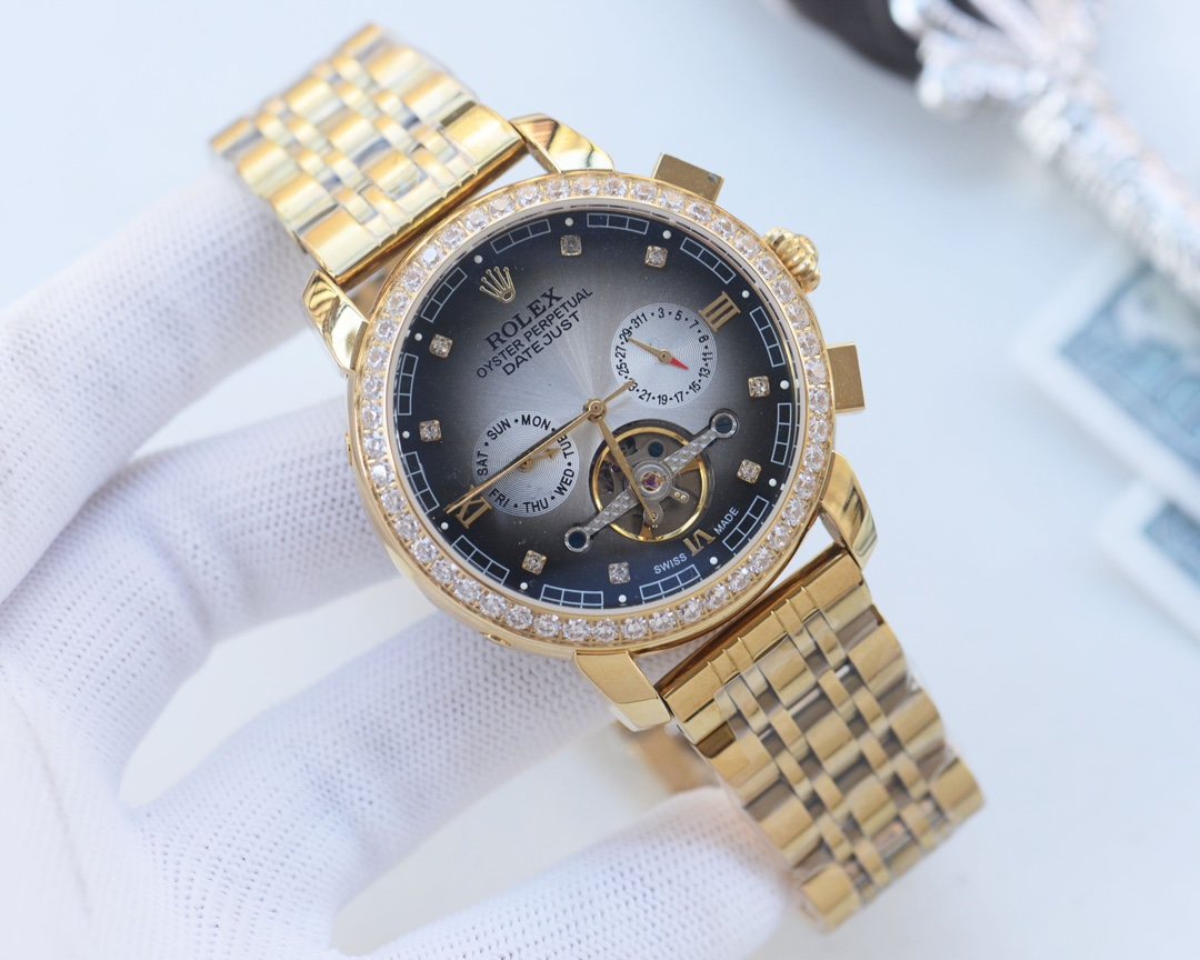 ROLEX Gold Black Dial Bracelet Watch — front