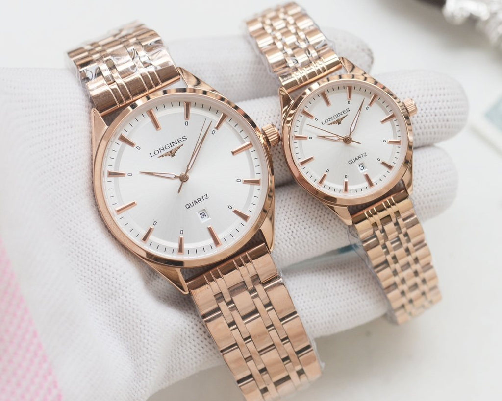 Longines Rose Gold White Dial Couple Watch Set — front