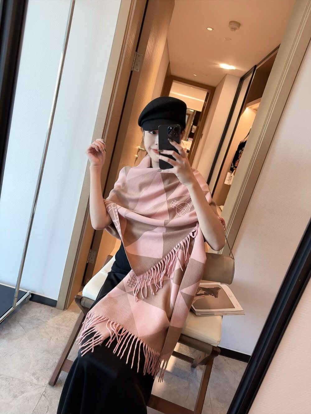 Vivienne Westwood Blush Pink Geometric Scarf — model