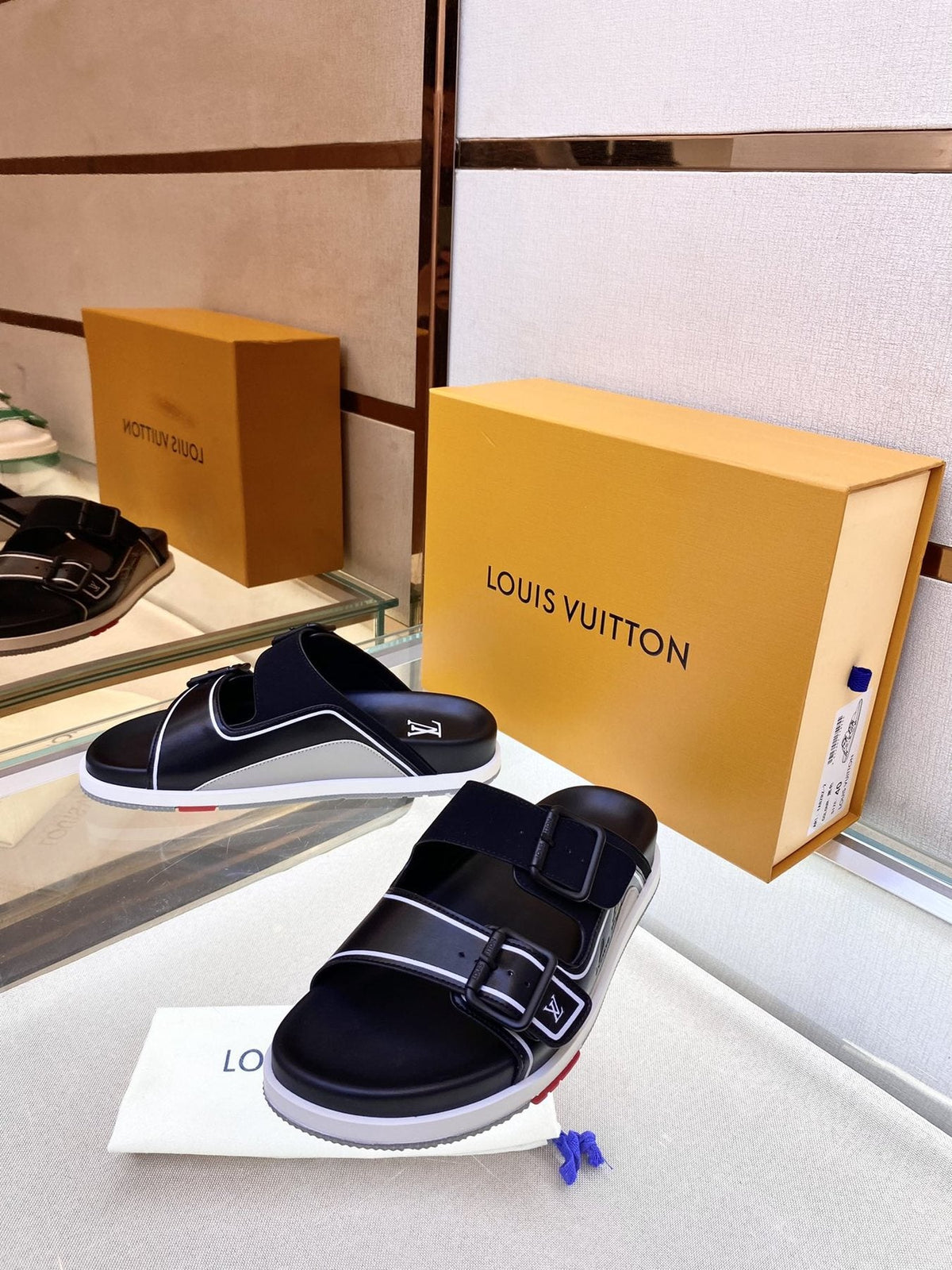 Louis Vuitton Black Two-Strap Slide Sandals — side