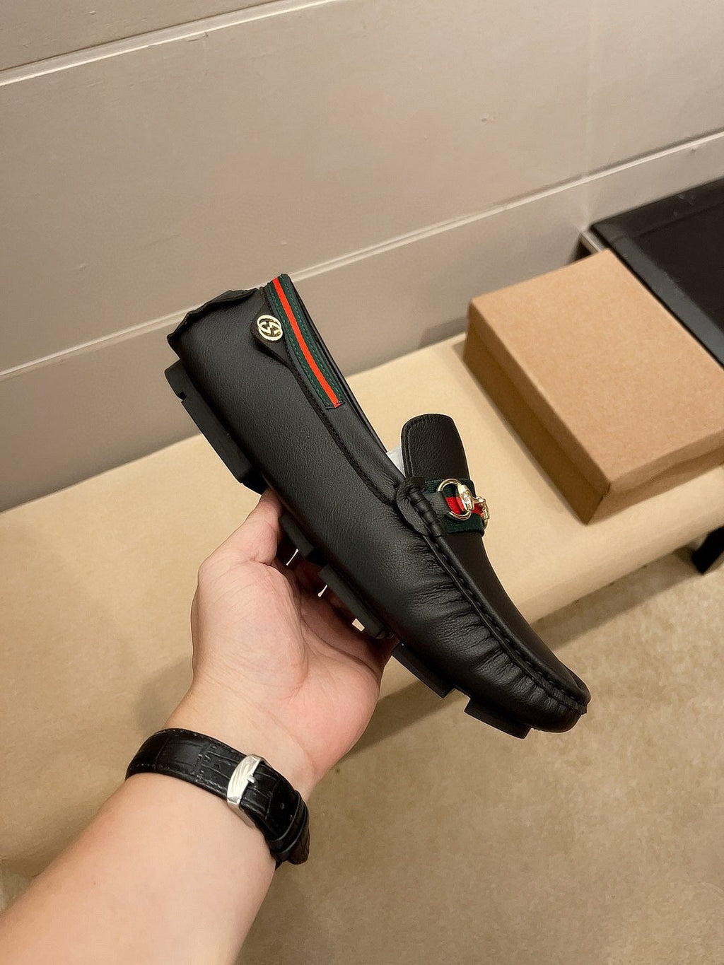 Gucci Black Web Buckle Loafers — side