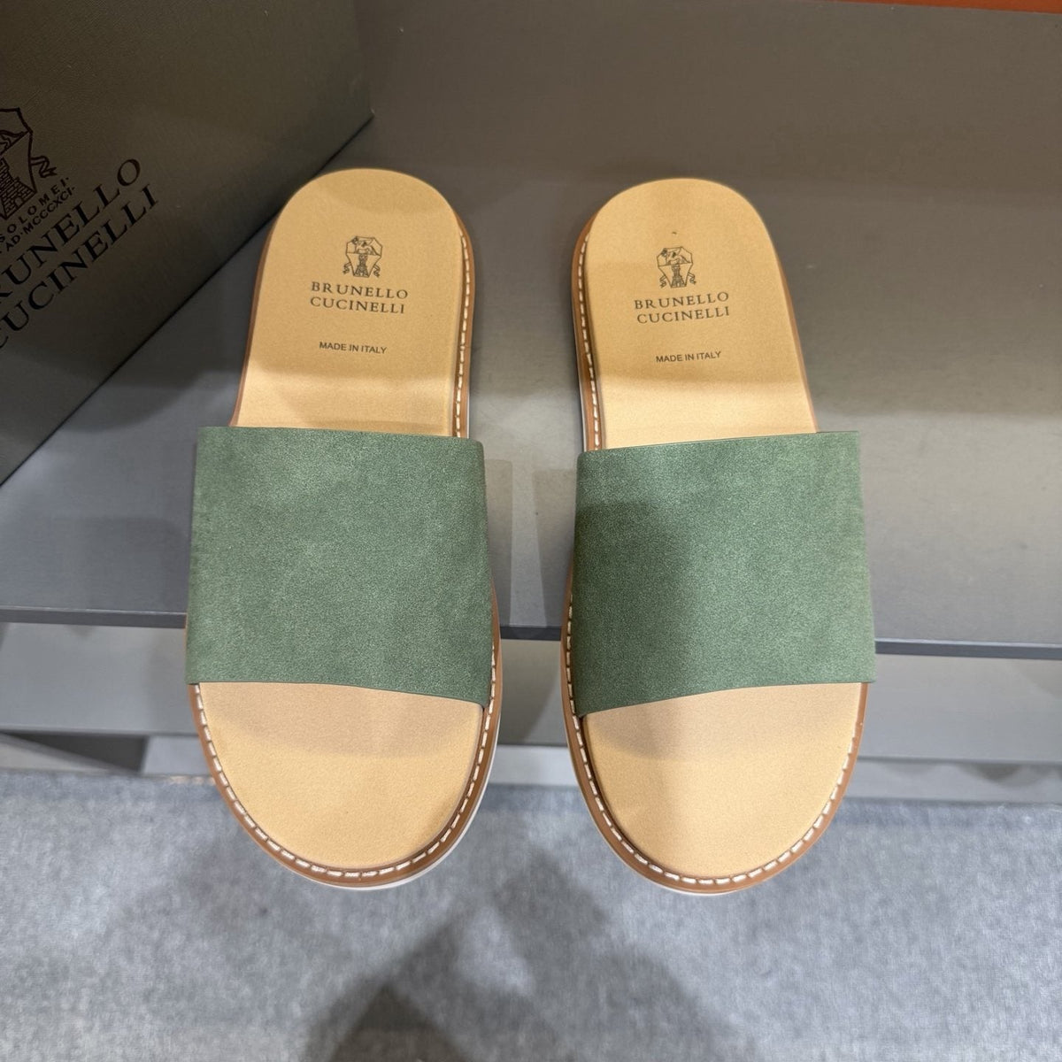 Brunello Cucinelli Sage Green Slide Sandals — hero