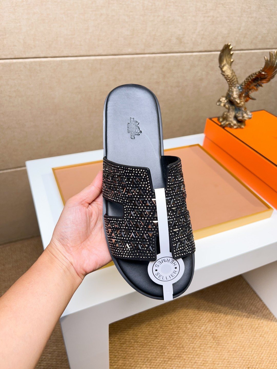 Hermès Black Textured H Slide Sandals — model