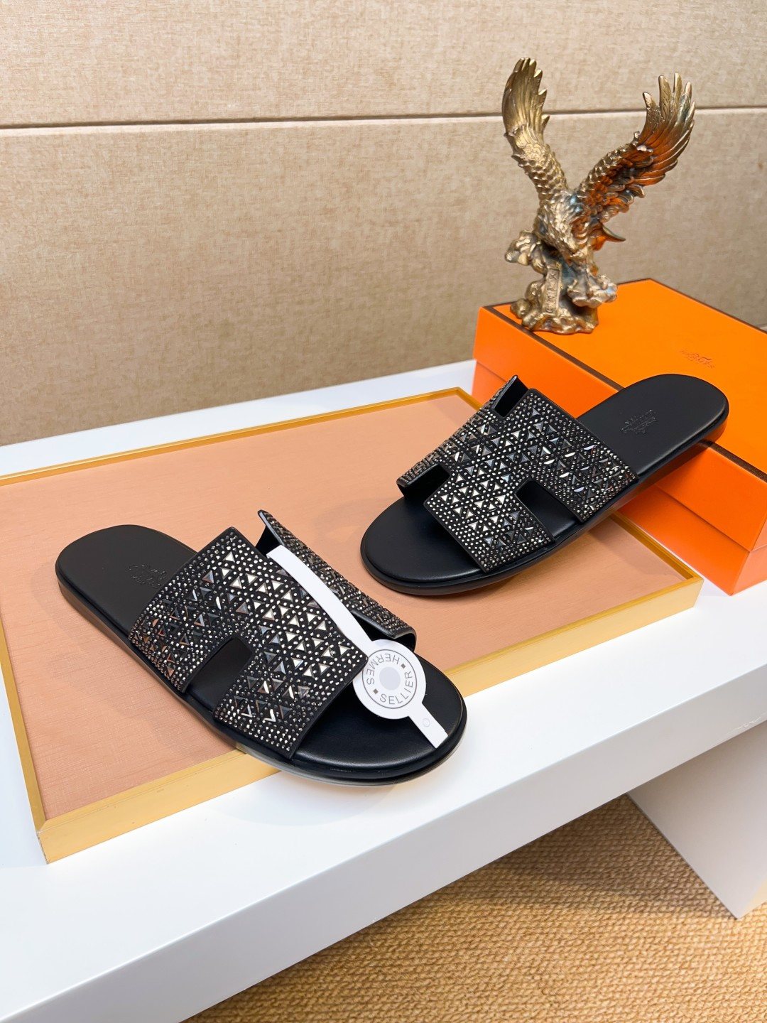 Hermès Black Textured H Slide Sandals — front