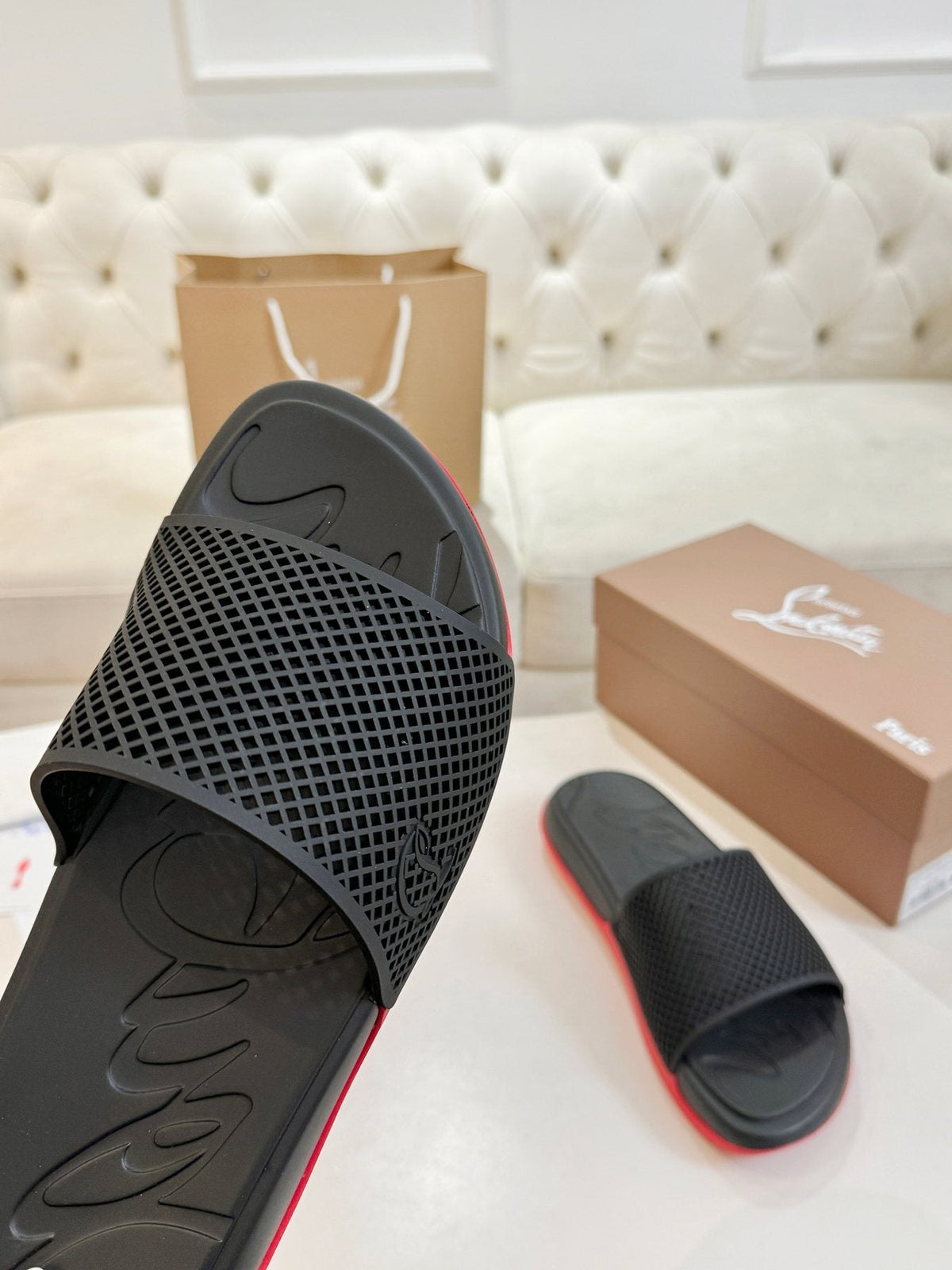Christian Louboutin Black Red Sole Slide Sandals — detail