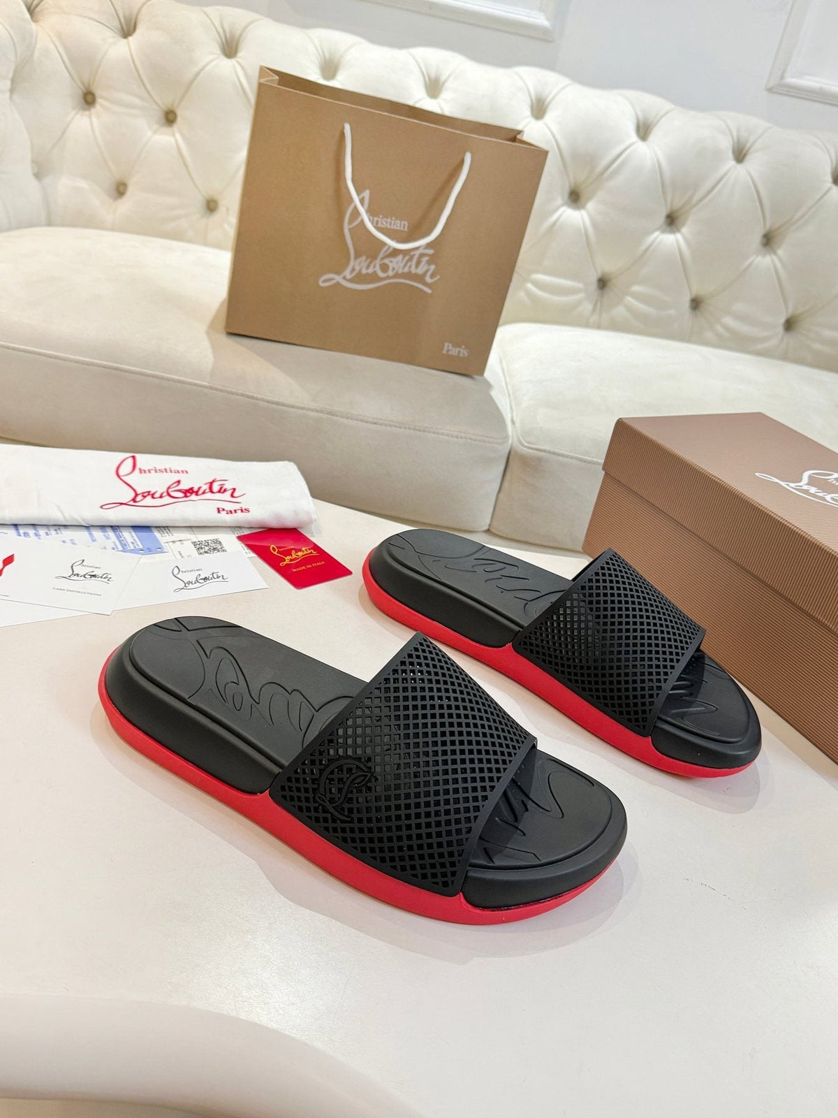 Christian Louboutin Black Red Sole Slide Sandals — front