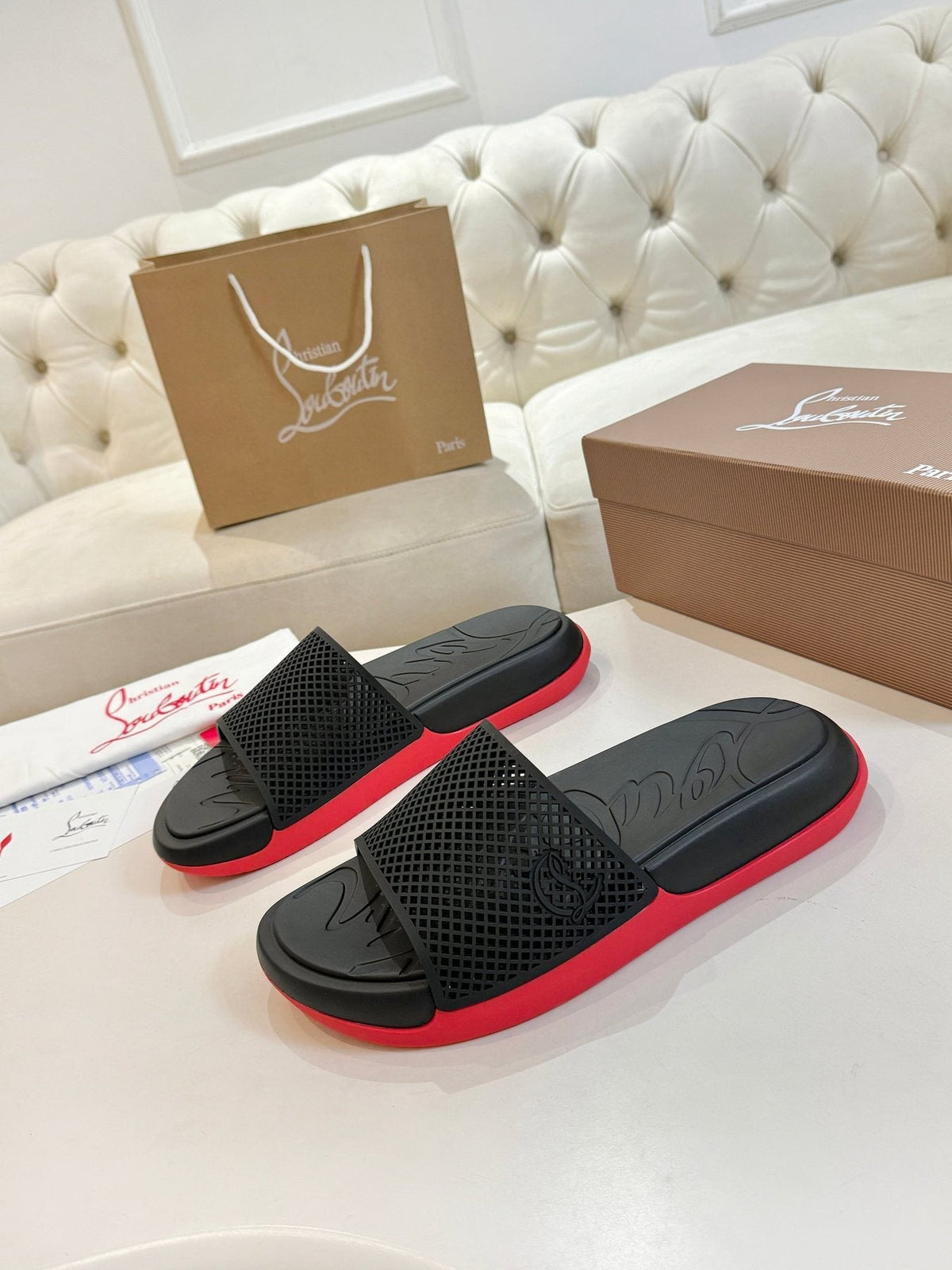 Christian Louboutin Black Red Sole Slide Sandals — side