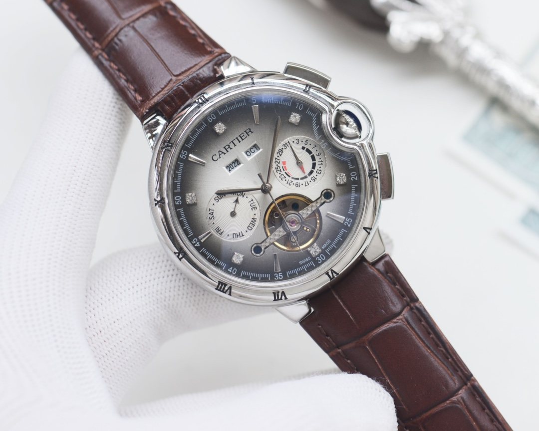 Cartier Silver Brown White Dial Strap Watch — hero