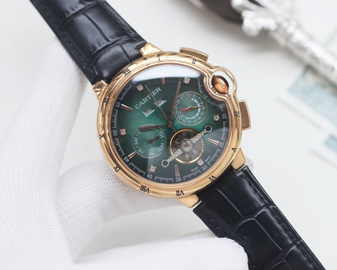 Cartier Rose Gold Black Green Dial Strap Watch — hero